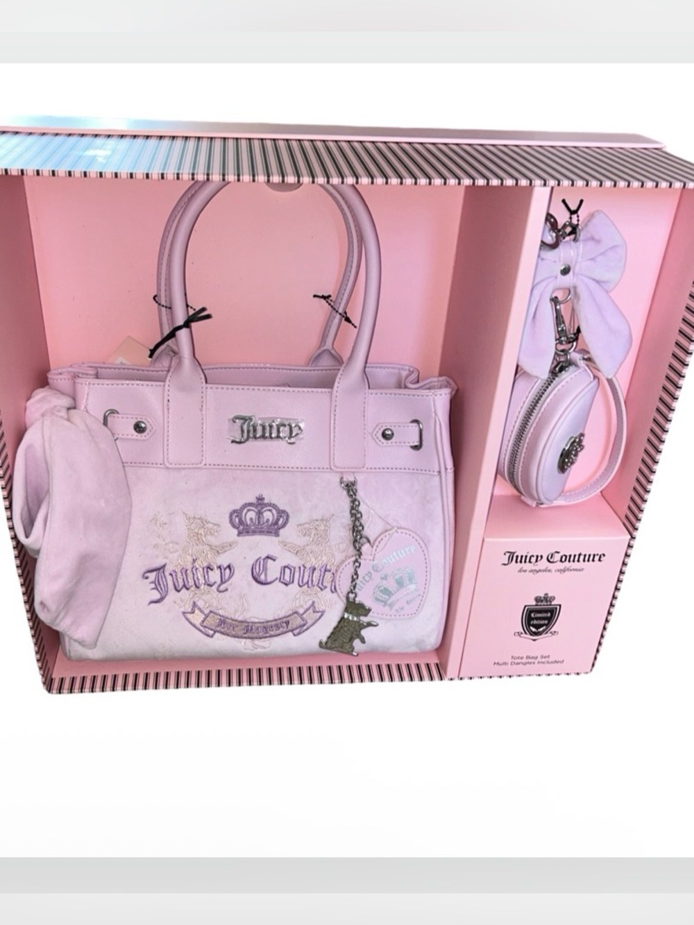 JUICY COUTURE EXCLUSIVE LILAC MIST HERITAGE VELOUR SCOTTIE DOG TOTE SET NWT